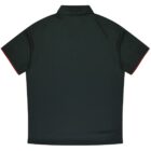 A plain dark green polo shirt is shown from the back. The shirt has short sleeves with subtle red trim on the edge of the sleeves. The collar is typical of a polo design, and the fabric appears smooth.