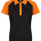Short-sleeve polo shirt with black body, orange sleeves, and orange collar and placket.