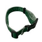 A green fabric dog collar with a black plastic buckle and metal D-ring. The collar features a pattern of white recycling symbols.