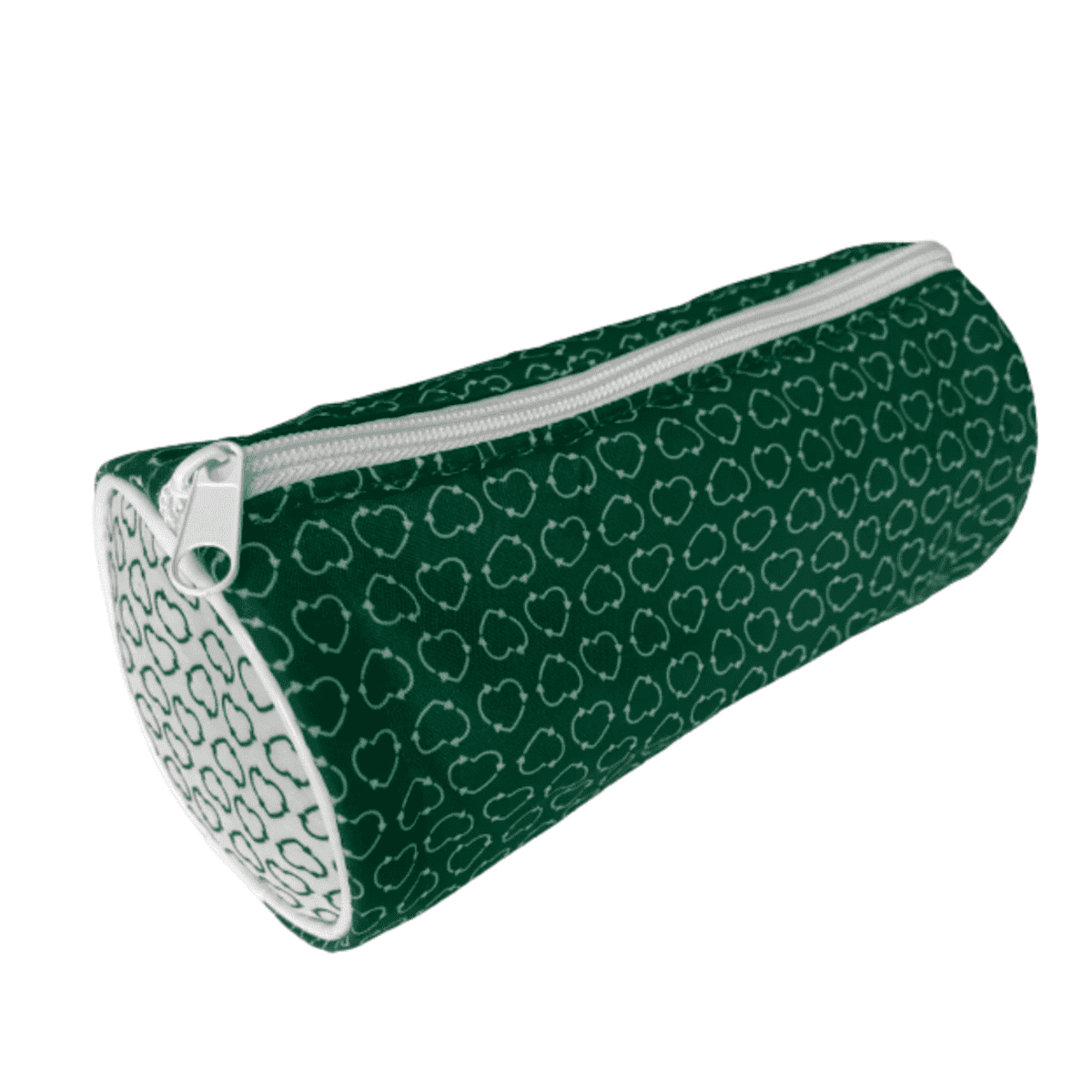 Green cylindrical pencil case with a white zipper and a pattern of interconnected white cloud-like shapes.