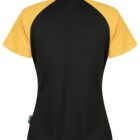 Back view of a short-sleeve, black and yellow collared sports shirt.