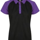 Short-sleeved polo shirt with black body and purple collar and sleeves.