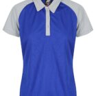 Blue polo shirt with gray short sleeves and collar, front buttons visible.