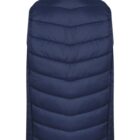 A navy blue quilted puffer vest viewed from the back, featuring horizontal stitching and a high collar. The vest is padded, suggesting warmth and casual style. The background is plain white.