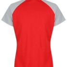 Back view of a short-sleeve polo shirt with red body and light gray sleeves and collar.
