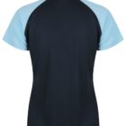 Back view of a short-sleeve polo shirt with light blue sleeves and a dark blue body.
