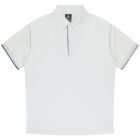 White short-sleeve polo shirt with a collar and three-button placket, featuring a subtle black trim on the sleeves and placket edges. The background is plain white.