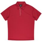 A plain red polo shirt displayed against a white background, featuring a three-button placket and a black label at the collar.