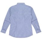 Back view of a blue and white checkered long-sleeve button-up shirt.