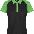 Black polo shirt with green short sleeves, green collar, and green button placket.