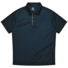 A dark green polo shirt with a three-button placket featuring yellow trim, laid flat against a white background. The shirt has short sleeves and a classic collar, offering a simple and casual style.
