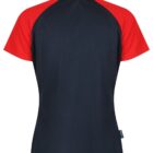 Back view of a short-sleeved shirt with red sleeves and a dark navy body.