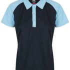 Short-sleeve polo shirt with light blue sleeves and collar, and a dark blue body.