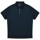 A dark blue short-sleeved polo shirt with a collar. It has a three-button placket and a small contrasting stripe near the buttons. The shirt is laid flat against a white background.