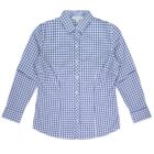 Blue and white checkered long-sleeve button-up shirt, laid flat on a white background.