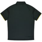 Back view of a dark green polo shirt with short sleeves and a collar. The shirt has yellow piping on the sleeve edges, and the fabric appears to be smooth and plain without any visible logos or designs.