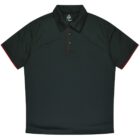 A dark green polo shirt with a black collar and three buttons down the front. There is subtle red piping along the edges of the sleeves and a logo on the inner back. The shirt is laid flat against a white background.