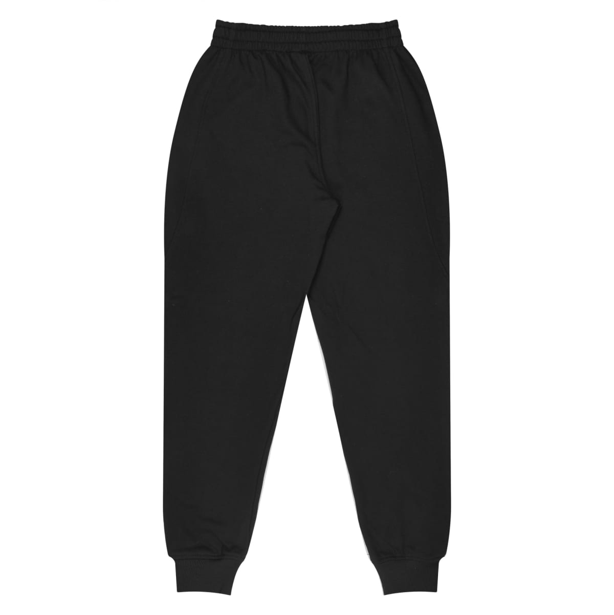 Black sweatpants laid flat, with an elastic waistband and cuffs.