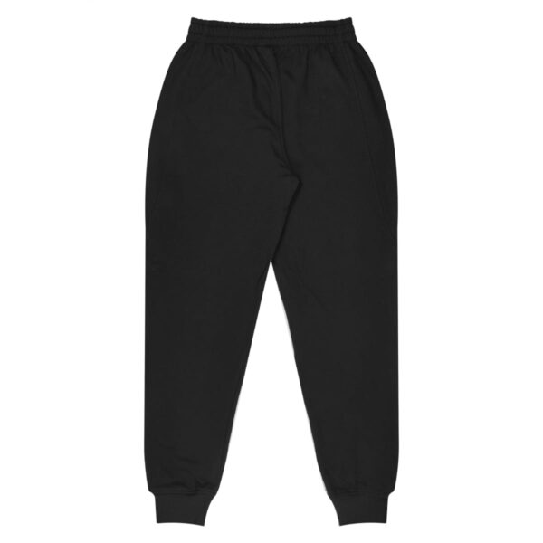 Black jogger pants with an elastic waistband and cuffs, laid flat on a white background.