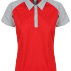 Red polo shirt with grey collar, button placket, and sleeves, displayed on a white background.
