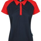Navy blue polo shirt with red short sleeves and a red collar.