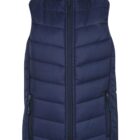 A navy blue quilted puffer vest with a full-length zipper and two zippered side pockets. The vest has a high collar for added warmth.