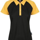 Short-sleeved black polo shirt with yellow collar, shoulders, sleeves, and button placket.