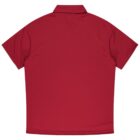 Red short-sleeve polo shirt, viewed from the back, with a simple collar and plain design.