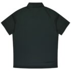 A plain dark green polo shirt with short sleeves, seen from the back. The fabric appears smooth and the shirt has a classic collar.