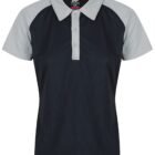 Short-sleeve polo shirt with black body and light gray sleeves and collar.