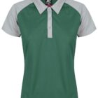 Green polo shirt with short gray sleeves and a gray collar on a white background.