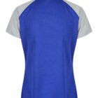 Back view of a short-sleeve blue shirt with light gray sleeves and a collar.