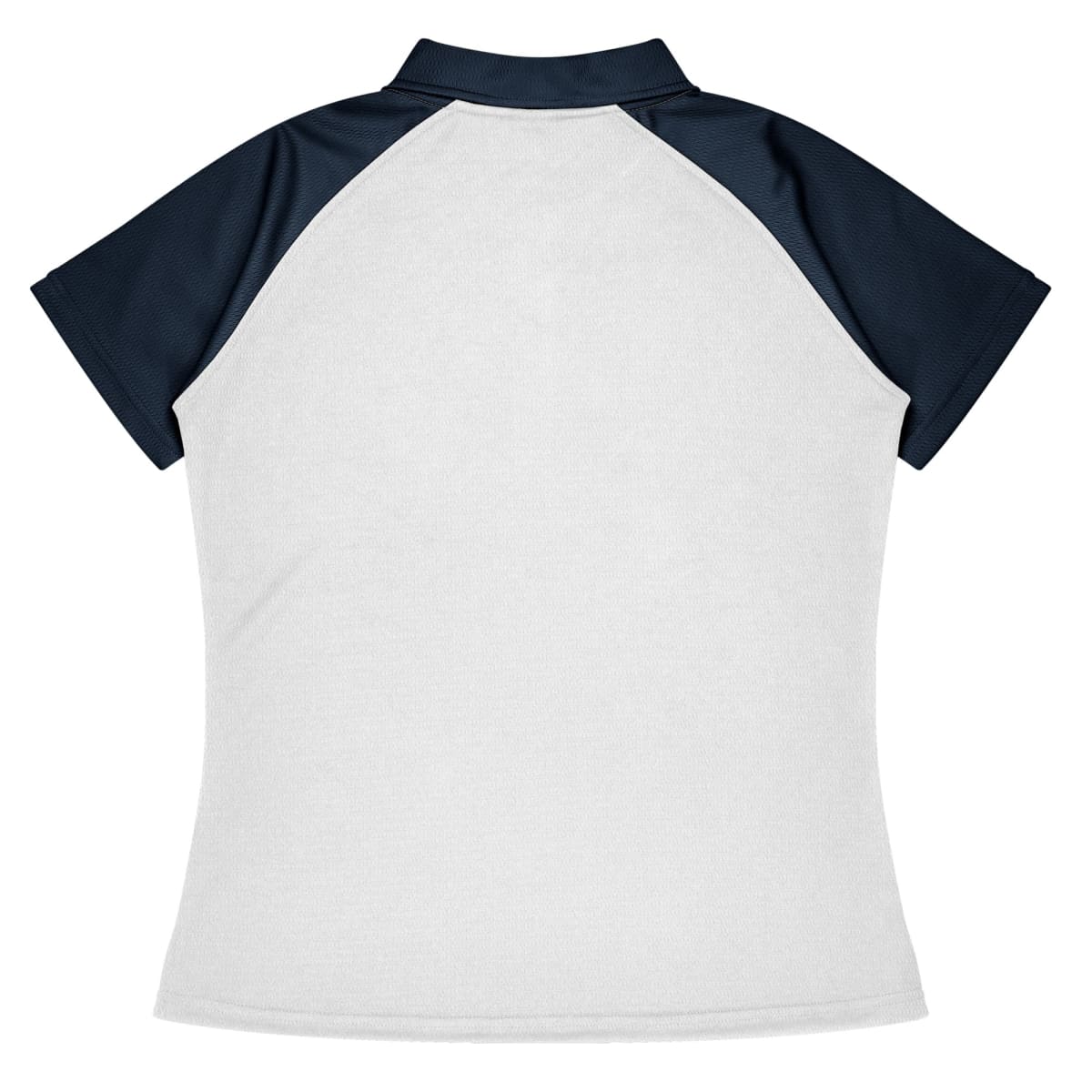 Back view of a short-sleeve polo shirt with white body and black sleeves.