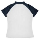 White polo shirt with short black sleeves and a black collar, shown from the back.