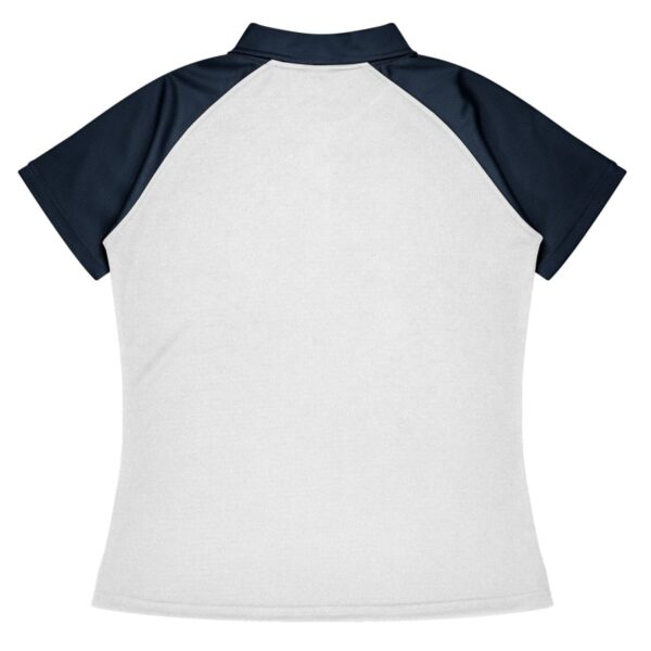 White polo shirt with short black sleeves and a black collar, shown from the back.