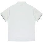 Back view of a plain white polo shirt with short sleeves and a collar. The fabric appears smooth, and the shirt is set against a white background, highlighting its simplicity and clean design.