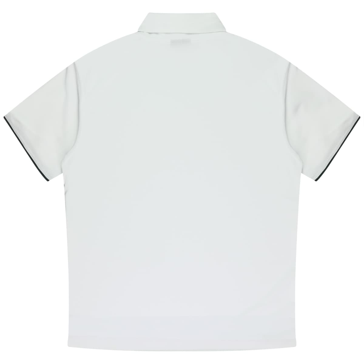 Back view of a plain white polo shirt with short sleeves and a collar. The fabric appears smooth, and the shirt is set against a white background, highlighting its simplicity and clean design.