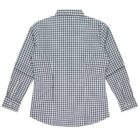 Back view of a long-sleeve, black and white checkered button-up shirt.