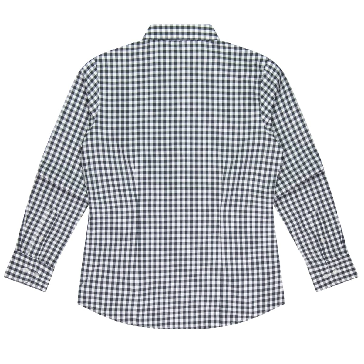 Back view of a long-sleeve, black and white checkered button-up shirt.