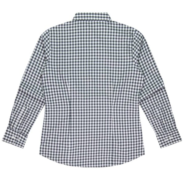 Long-sleeve, black and white checkered button-up shirt laid flat, back view.