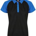 Short-sleeve polo shirt with blue sleeves, collar, and a black front.