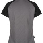 Back view of a short-sleeve, gray and black collared shirt on a white background.