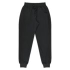 A pair of plain black jogger pants with an elastic waistband and drawstring. The pants feature side pockets and ribbed ankle cuffs, laid flat on a white background.