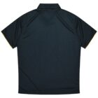 A dark green short-sleeve polo shirt with a folded collar, seen from the back. The shirt appears to be plain with minimal detailing.
