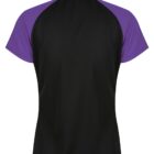 Back view of a short-sleeve shirt with black body and purple sleeves and collar.