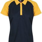 Navy blue polo shirt with yellow sleeves, collar, and button placket.