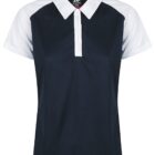 Short-sleeve polo shirt with black body and white collar and sleeves.