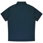 A dark green polo shirt viewed from the back, featuring short sleeves and a collar. The edges of the sleeves have a small red trim. The background is plain white.