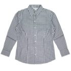 Black and white plaid long-sleeve button-up shirt with a collar, laid flat.