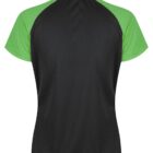 Back view of a short-sleeve black shirt with green shoulders and sleeves.